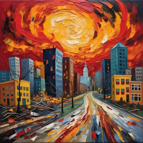 Unhinged tornado tearing through a cityscape with chaotic storm clouds, fiery debris, shattered buildings, terrified people running for their lives, and a vibrant color palette of reds, oranges, and yellows inspired by the artwork of Jackson Pollock and the emotional intensity of Van Gogh's "Starry Night".