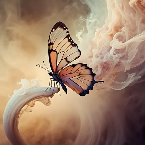 Artistic. Ethereal. Surreal.
Fantasy style.
Pale warm tones.
Curving, flowing like nightmare smoke in a special context where everything is imaginary.
Photo of a butterfly.
Atmospheric.