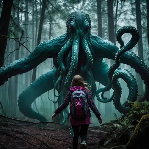 girl, struggling, tentacle monster, intense, dark forest, misty atmosphere, dynamic lighting, contrasting colors, dramatic composition, visible fear, chaotic movement, textured foreground and background, looming perspective, uneven scale and proportion
