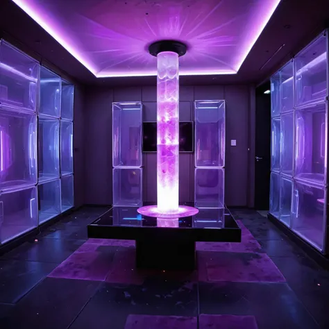a futuristic room, the ceiling, floor and walls are made of translucent black glass. In the center of the room stands a white column with a crystal top, from which a purple glow emanates. flux-style, detailxl