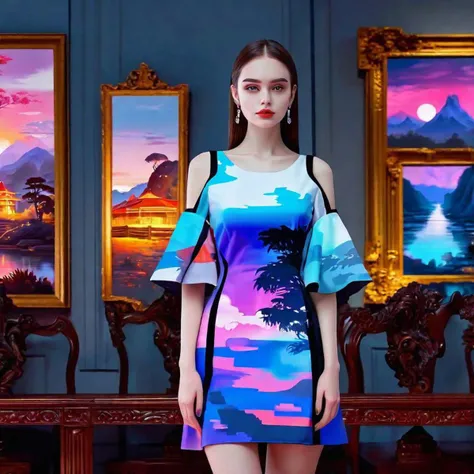 a woman accentuated by paintings, glitchcore 32k uhd #scene dress, stood, vivid, traditional, twilight artists, graceful triceratopses