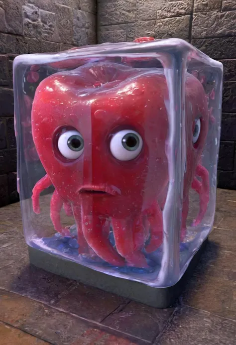 the enormous cute gelatine ooze cube with the surprised eyes in the dungeons, dim light, pixar art, detailed, intricate details, 8k, best quality, hdr, masterpiece,organs inside cube,realistic organs,transparent cube,red organs