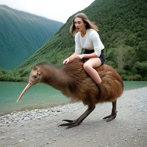 masterpiece, best quality, aesthtic, highres,soft lighting,film grain, intriguing details, aaCH1kw,full body, animal focus, 1girl ,(ride), kiwibird, mountain, river, detailed face, perfect hand, perfect leg,