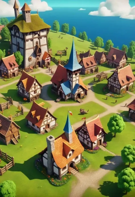 Masterpiece
4k
High quality
Isometric view from a vast beautiful landscape
Village
3d anime style
Beautiful stylish Medieval buildings
Fantasy style
(((Stylish)))
Colourful, saturated
Game concept, huge machines, a village building a huge moving machine
isometric view
Beautiful landscape with flying birds
Diversity in buildings in a village, stylish village