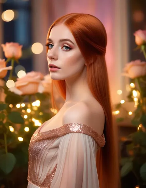 digital painting by John Atkinson Grimshaw and Natalia Rak in the style of Mark Lovett, pale white skinned 28 year old auburn-hair, ((straight silky hair))), in a diaphanous dress, sparking rose gold glitter in the background, shallow depth of field, bokeh, side profile photography, full length photo, flat chest