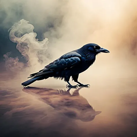 Artistic. Ethereal. Surreal.
Fantasy style.
Pale warm tones.
Curving, flowing like nightmare smoke in a special context where everything is imaginary.
Photo of a Crow.
Atmospheric.