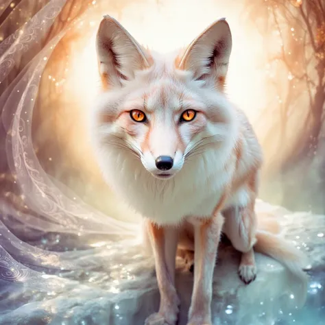 Artistic. Ethereal.
Fantasy.
Pale warm tones.
Photo of a fox. Lustrous eyes.