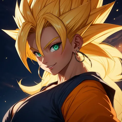 RAW photo, (high detailed skin, detailed eyes:1.1), intricate details, best quality, 8k uhd, soft lighting, Vegetto, breasts, (female:1.2), 1girl, earrings, jewelry, white gloves, spiked hair, dougi, smile, blonde hair, green eyes, super saiyan <lora:Vegetto:0.4>