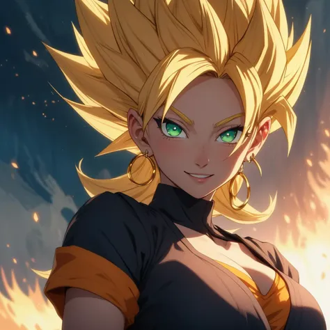RAW photo, (high detailed skin, detailed eyes:1.1), intricate details, best quality, 8k uhd, soft lighting, Vegetto, breasts, (female:1.2), 1girl, earrings, jewelry, white gloves, spiked hair, dougi, smile, blonde hair, green eyes, super saiyan <lora:Vegetto:0.4>