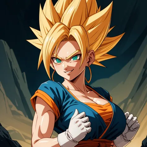 RAW photo, (high detailed skin, detailed eyes:1.1), intricate details, best quality, 8k uhd, soft lighting, Vegetto, breasts, (female:1.2), 1girl, earrings, jewelry, white gloves, spiked hair, dougi, smile, blonde hair, green eyes, super saiyan <lora:Vegetto:0.4>