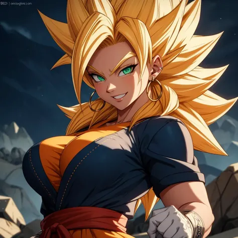 RAW photo, (high detailed skin, detailed eyes:1.1), intricate details, best quality, 8k uhd, soft lighting, Vegetto, breasts, (female:1.2), 1girl, earrings, jewelry, white gloves, spiked hair, dougi, smile, blonde hair, green eyes, super saiyan <lora:Vegetto:0.4>