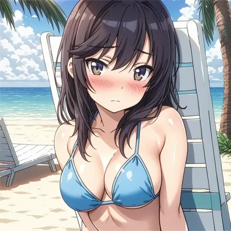 Japan anime girl swimsuit beach sun girl sitting Apply sun oil bikini Good