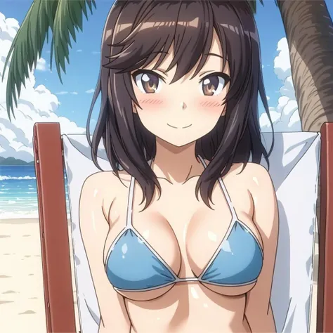 shinkai makoto, kimi no na wa., 1girl, bangs, black hair, brown eyes, twisted half up, red ribbon, long hair, shinkai makoto, kimi no na wa., smile, outdoors, summer, solo, day, open mouth, blush, looking at the viewer, cowboy shot, blue sky, happy, cloudy_sky, bikini, white bikini, masterpiece, beach, sand, ocean, masterpiece,