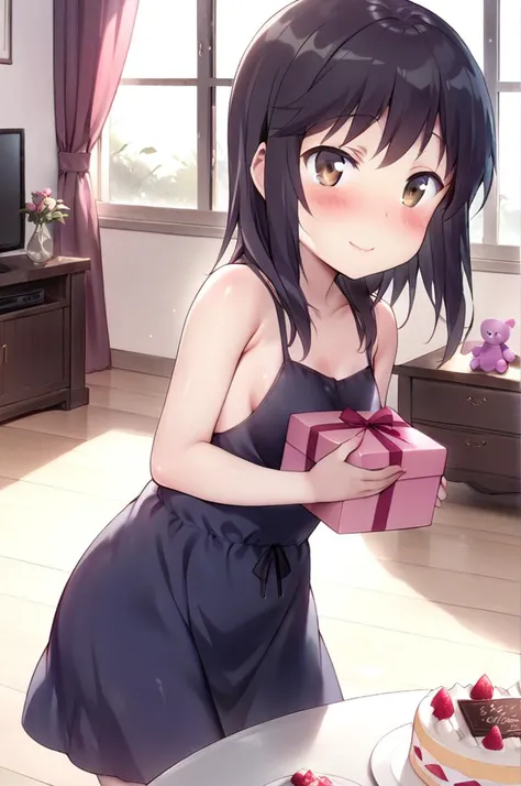 1girl,solo,petite,slender,ichijou hotaru,shiny eyes,normal breasts,blush,food,cake,living room,table,window,curtain,smile,holding present box, stuffed toy,facing viewer,black hair,lip,<lora:better skin typeB-v1:1> <lora:XDetail_light:1> ,,masterpiece,best quality, very aesthetic, absurdres <lora:ichijou_hotaru-animagine-v1:0.7>