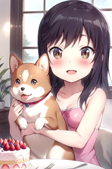 1girl,solo,petite,slender,ichijou hotaru,shiny eyes,normal breasts,childish outfit,blush,food,cake,living room,table,window,curtain,smile,open mouth,holding corgi ,facing viewer,black hair,lip,<lora:better skin typeB-v1:1> <lora:XDetail_light:1> ,,masterpiece,best quality, very aesthetic, absurdres   <lora:ichijou_hotaru-animagine-v1:0.7>