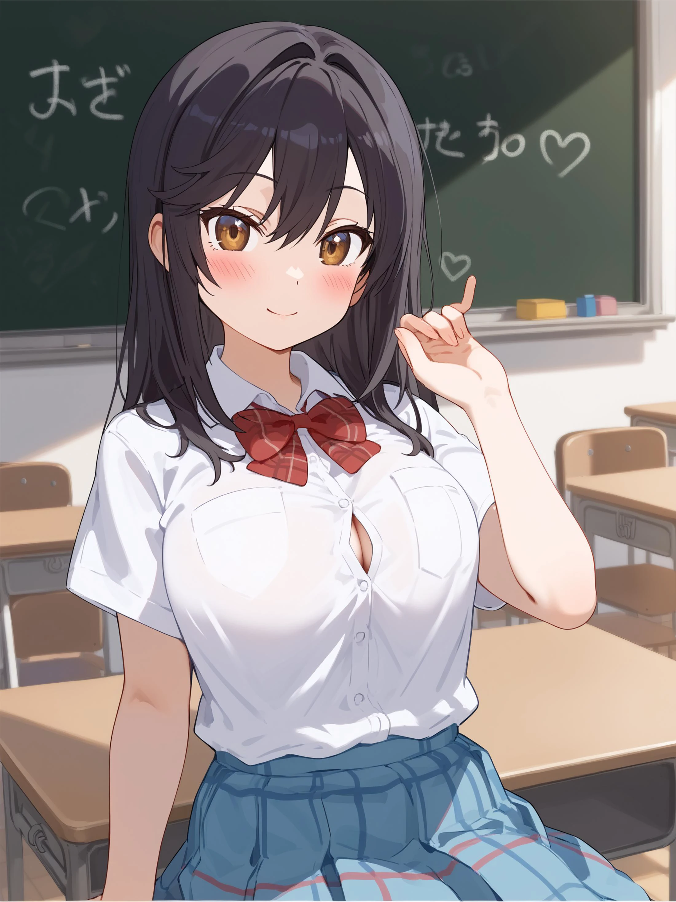 score_9, score_8_up, score_7_up, rating_explicit, 1girl, solo,
<lora:ichijou_hotaru-pony-v1:1>, ichijou hotaru, non non biyori, brown eyes, black hair, long hair, hair between eyes, swept bangs, sidelocks, large breasts, school uniform, shirt, white shirt, collared shirt, breast pocket, bowtie, red bowtie, short sleeves, skirt, plaid skirt, miniskirt, blue skirt, contrapposto, looking at viewer, indoors, classroom, chalkboard, blush, seductive smile