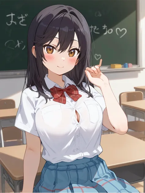 score_9, score_8_up, score_7_up, rating_explicit, 1girl, solo,
<lora:ichijou_hotaru-pony-v1:1>, ichijou hotaru, non non biyori, brown eyes, black hair, long hair, hair between eyes, swept bangs, sidelocks, large breasts, school uniform, shirt, white shirt, collared shirt, breast pocket, bowtie, red bowtie, short sleeves, skirt, plaid skirt, miniskirt, blue skirt, contrapposto, looking at viewer, indoors, classroom, chalkboard, blush, seductive smile