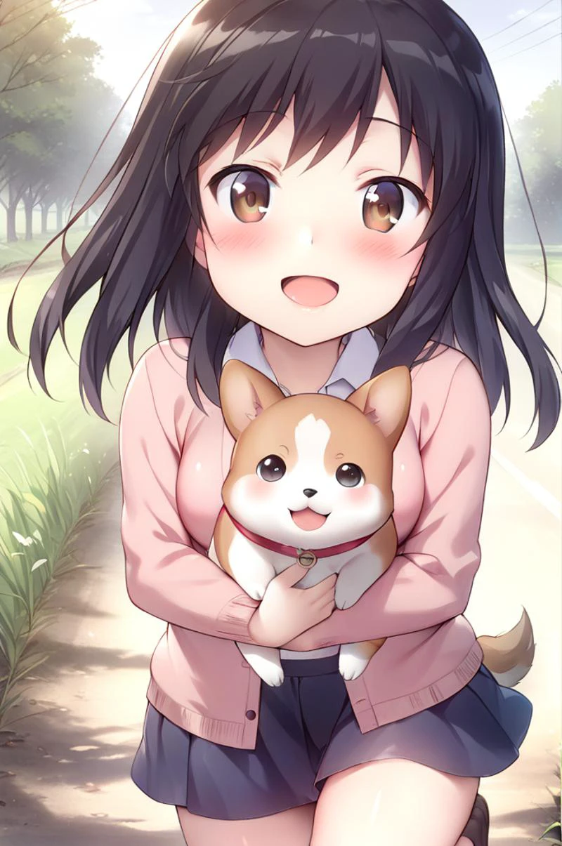 1girl,solo,petite,slender,ichijou hotaru,shiny eyes,normal breasts,shirt,front opened knit cardigan,miniskirt,blush,outdoor,country road,smile,open mouth,holding corgi,jumping ,facing viewer,black hair,lip,<lora:better skin typeB-v1:1> <lora:XDetail_light:1> ,,masterpiece,best quality, very aesthetic, absurdres <lora:ichijou_hotaru-animagine-v1:0.7>