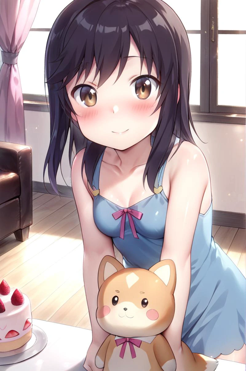 1girl,solo,petite,slender,ichijou hotaru,shiny eyes,normal breasts,childish outfit,blush,food,cake,living room,table,window,curtain,smile,holding present box,corgi stuffed toy,facing viewer,black hair,lip,<lora:better skin typeB-v1:1> <lora:XDetail_light:1> ,,masterpiece,best quality, very aesthetic, absurdres <lora:ichijou_hotaru-animagine-v1:0.7>