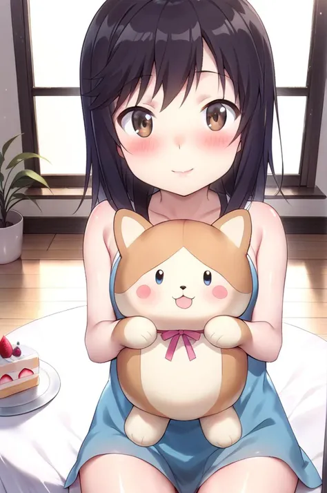 1girl,solo,petite,slender,ichijou hotaru,shiny eyes,normal breasts,childish outfit,blush,food,cake,living room,table,window,curtain,smile,holding present box,corgi stuffed toy,facing viewer,black hair,lip,<lora:better skin typeB-v1:1> <lora:XDetail_light:1> ,,masterpiece,best quality, very aesthetic, absurdres <lora:ichijou_hotaru-animagine-v1:0.7>