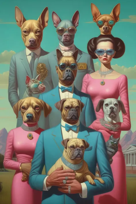<lora:Alex Gross Style:1>Alex Gross Style - strange Americana retro futurism, formal portrait of dour family each holding a surreal kind of pet animal