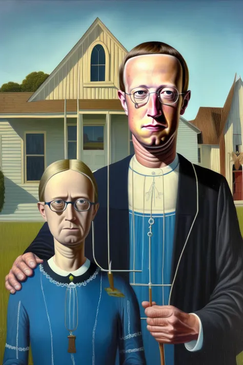 <lora:Alex Gross Style:1>Alex Gross Style - A portrait of Mark Zuckerberg in a blue tshirt in place of the old man in the painting American Gothic