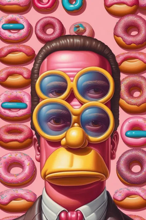 <lora:Alex Gross Style:1>Alex Gross Style - add homer simpson donut inspired sunglasses that have a donut hole to the subjects face in the portrait