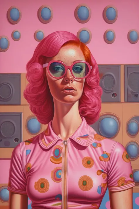 <lora:Alex Gross Style:1>Alex Gross Style - alex gross painting of a pink haired woman wearing a retro 70s romper