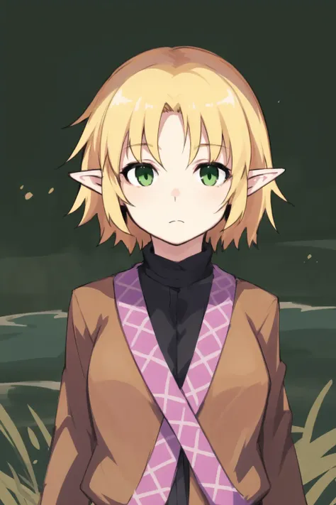 1girl,solo,
<lora:JOKER_V10:0.8>,JOKER,blonde hair, blown jacket,intake bungs, green eyes,pointy ears, short hair,expressionless,