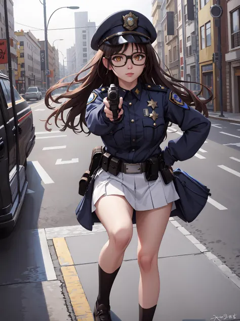 (masterpiece:1.2, best quality:1.1, highres,absurdres, high quality),(photorealistic:1.1),reflected light, colorful,ultra-detailed,8k, ultra hd, super detailed,
ayame, black hair, yellow eyes, glasses, choker, police uniform, police hat, (aiming at viewer, holding gun),1girl, large breasts, skirt, full body, hand on hip,
<lora:AyameV1:0.6> <lora:GoodHands-beta2:1> <lora:aimingAtViewer_v1:1>
