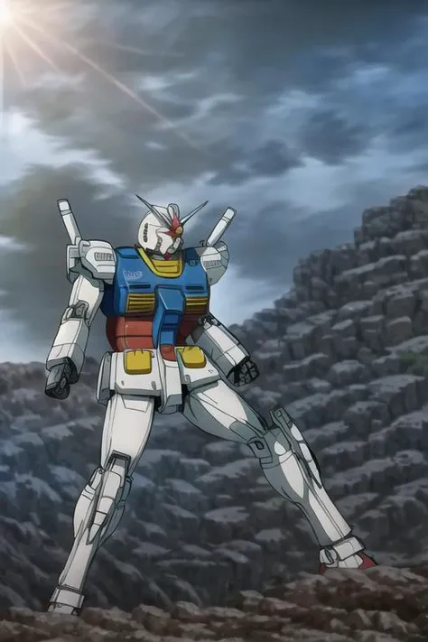 (masterpiece, best quality),<lora:GoodHands-vanilla:0.7> <lora:anmnr01:0.3> <lora:add_detail:0.5>, <lora:gundam001:0.7>gundam,mobilesuit,rock,wilderness,dynamic angle,dynamic pose,sunlight,A flash of light comes out of body
