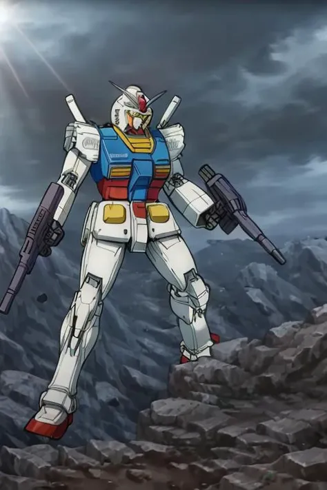 (masterpiece, best quality),<lora:GoodHands-vanilla:0.7> <lora:anmnr01:0.3> <lora:add_detail:0.5>, <lora:gundam001:0.7>gundam,mobilesuit,rock,wilderness,stylish angle,gun,aiming,sunlight,flash light from fist