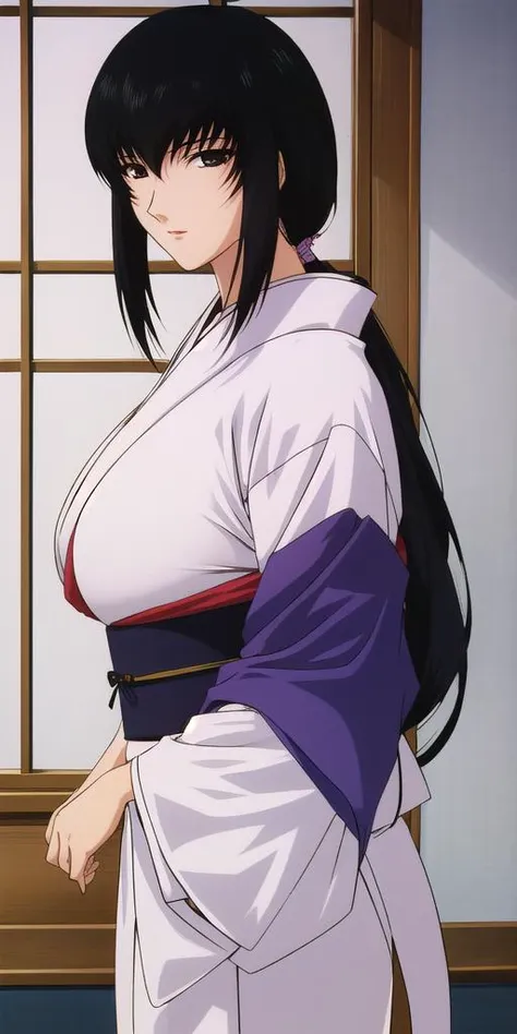 <lora:YukishiroTomoeV3:0.7> yukishiro_tomoe, huge breasts, standing, solo, white_kimono_purple_sash, masterpiece, best quality, detailed face, detailed eyes, highres,