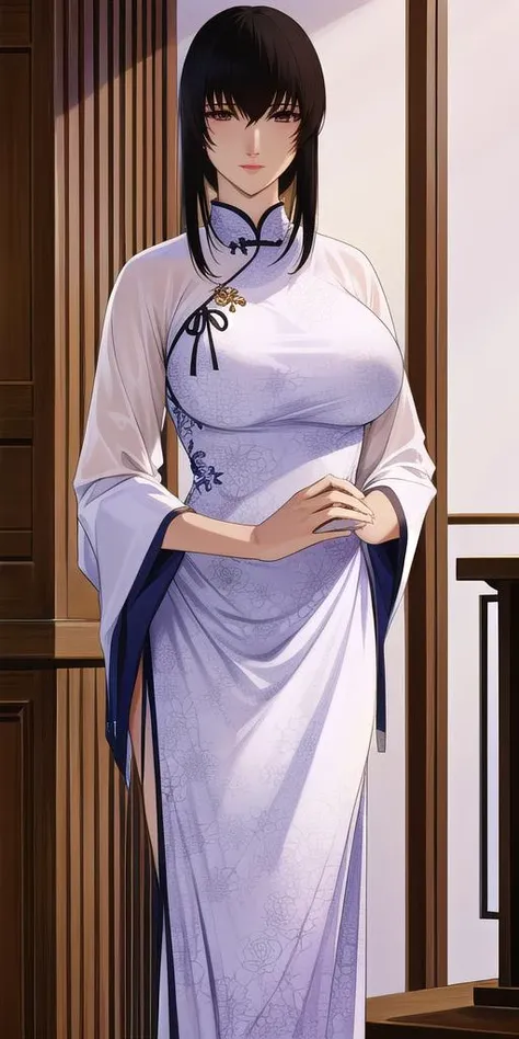 <lora:YukishiroTomoeV3:0.7> yukishiro_tomoe, huge breasts, standing, solo, china_dress, masterpiece, best quality, detailed face, detailed eyes, highres,