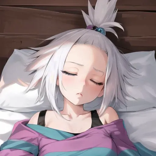 ((best quality)), ((highly detailed)), masterpiece, ((official art)), extremely detailed face, beautiful face, (detailed eyes, deep eyes), 1girl, solo, roxie \(pokemon\), topknot, sidesqept bangs, Roxie, white hair, blue eyes, striped dress, striped, dress, bike shorts,<lora:roxiePokemonBW2Lora_v10:0.8>, indoors, (((laying down back))), sleeping, bedroom, bed, pillow head, closed eyes, o mouth, long high ponytail, ((long eyelashes)), closeup