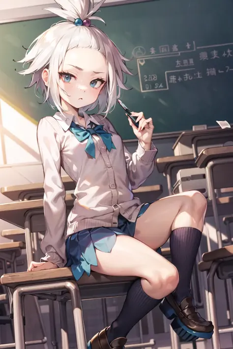 (masterpiece:1.3), (best quality:1.2), (illustration:1.2), (ultra detailed:1.2), 1girl, solo, small breasts, short hair, topknot, forehead, freckles, looking at viewer, freckles, <lora:roxiePokemon:0.8>, roxie \(pokemon\), white hair, blue eyes, (school uniform:1.2), :<, classroom, pleated skirt, (loafers:1.2), kneehighs,
