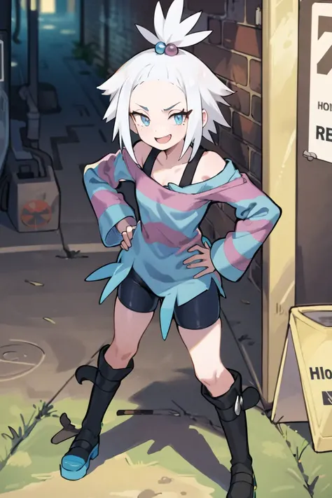 (masterpiece:1.3), (best quality:1.2), (illustration:1.2), (ultra detailed:1.2), 1girl, solo, small breasts, short hair, topknot, forehead, freckles, looking at viewer, <lora:roxiePokemon:0.8>, roxie \(pokemon\), white hair, blue eyes, smile, happy, striped dress, striped, dress, bike shorts, boots, pale skin, <lora:thickerLinesAnimeStyle_loraVersion:0.8>, standing, alley, trash can, hands on hips,