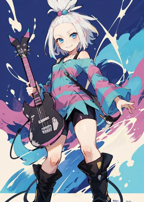 (masterpiece:1.3), (best quality:1.2), (illustration:1.2), (ultra detailed:1.2), 1girl, solo, small breasts, short hair, topknot, forehead, freckles, looking at viewer, roxie \(pokemon\), white hair, blue eyes, smile, happy, striped dress, striped, dress, bike shorts, boots, pale skin, standing, <lora:roxiePokemonBW2Lora_v10:0.6>, simple backgorund, electric guitar, purple and light blue paint splash