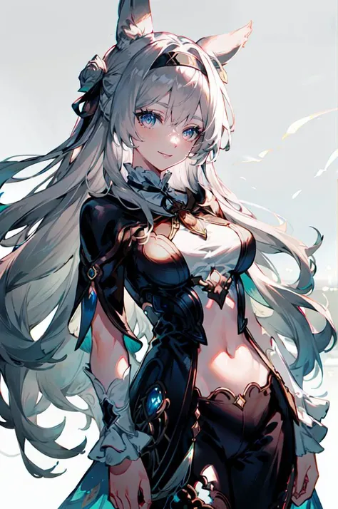 <lora:Female_Race_Final_Fantasy:0.8> cowboy shot, animal ears, revealing clothes, smile, <lora:firefly-v2-kozue:0.6> 1girl, blue eyes, grey hair, long hair, hair ornament, black hairband,, ultra detailed, masterpiece, best quality, aesthetic, detailed,