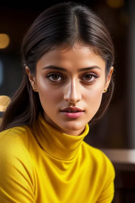photo of extremely sexy (achal0tra-140:0.99), a woman as a sexy student, closeup portrait, hair upsweep updo, (yellow tight long sleeve turtleneck top), at a cantina sitting bar (masterpiece:1.5) (photorealistic:1.1) (bokeh) (best quality) (detailed skin texture pores hairs:1.1) (intricate) (8k) (HDR) (wallpaper) (cinematic lighting) (sharp focus), (eyeliner), (painted lips:1.2), (earrings)
