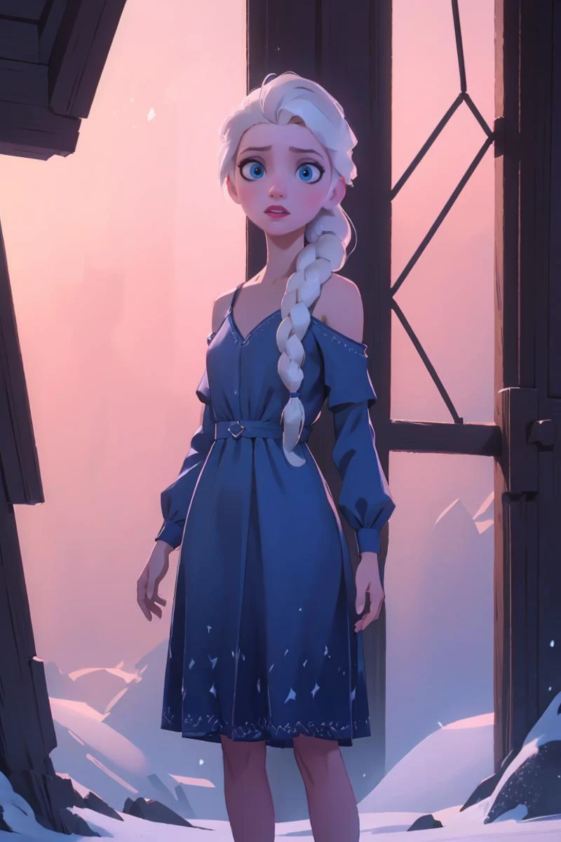 realistic,realism,photorealism,photo-realistic,high contrast,(photorealistic:1.2),8k high definition detailed realistic,(best quality, masterpiece:1.2),photon mapping,radiosity,physically-based rendering,best quality,highly detailed,1girl,felsa,white hair,blue eyes,single braid,hair over shoulder,full body,blue dress,snow,blue theme,<lora:elsav3:0.8>,