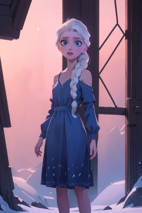 realistic,realism,photorealism,photo-realistic,high contrast,(photorealistic:1.2),8k high definition detailed realistic,(best quality, masterpiece:1.2),photon mapping,radiosity,physically-based rendering,best quality,highly detailed,1girl,felsa,white hair,blue eyes,single braid,hair over shoulder,full body,blue dress,snow,blue theme,<lora:elsav3:0.8>,