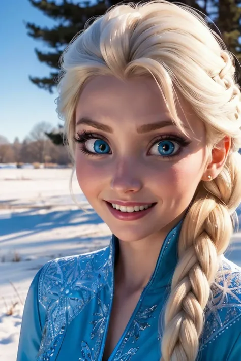 felsa, blue eyes, blonde hair, single braid, cyan dress, looking at viewer, smiling, close up, outside, snow, field, trees, winter, blue sky,  high quality, masterpiece,  <lora:elsa5-real:.6>
