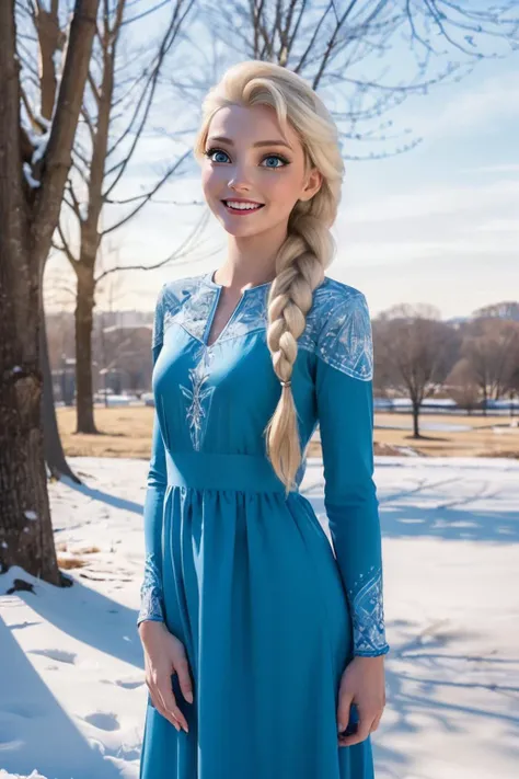 felsa, blue eyes, blonde hair, single braid, cyan dress, looking at viewer, smiling, standing, medium shot, outside, park, snow, field, trees, winter,  blue sky,  high quality, masterpiece,  <lora:elsa5-real:.6>