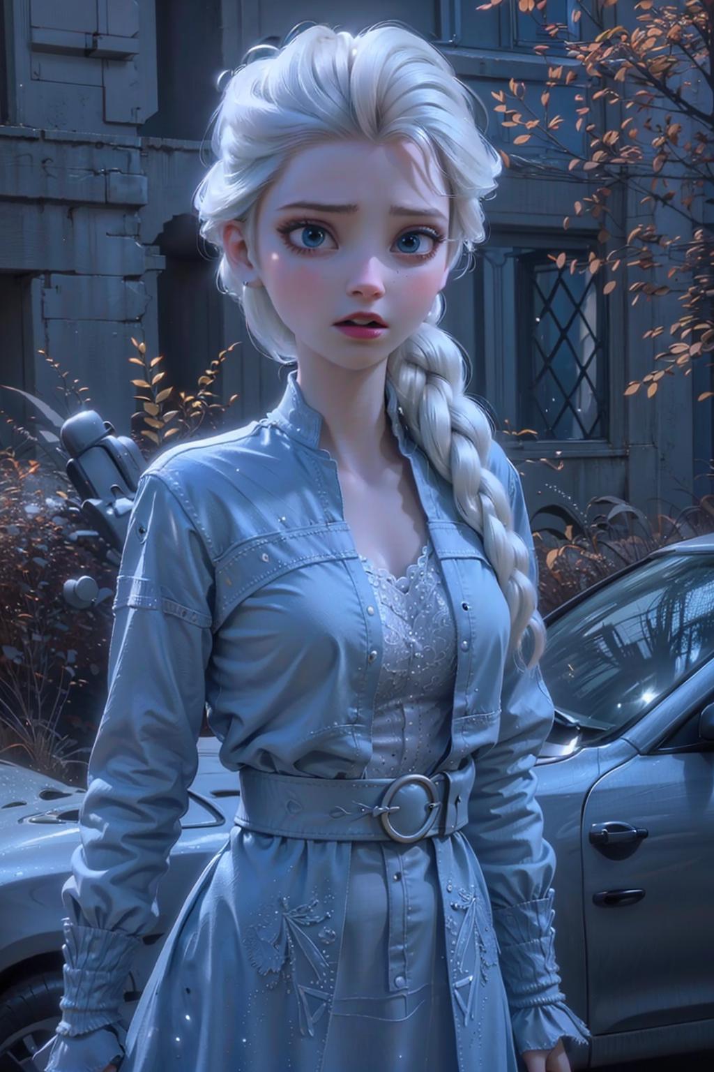 A close up of a person in a dress with a car in the background - SeaArt AI