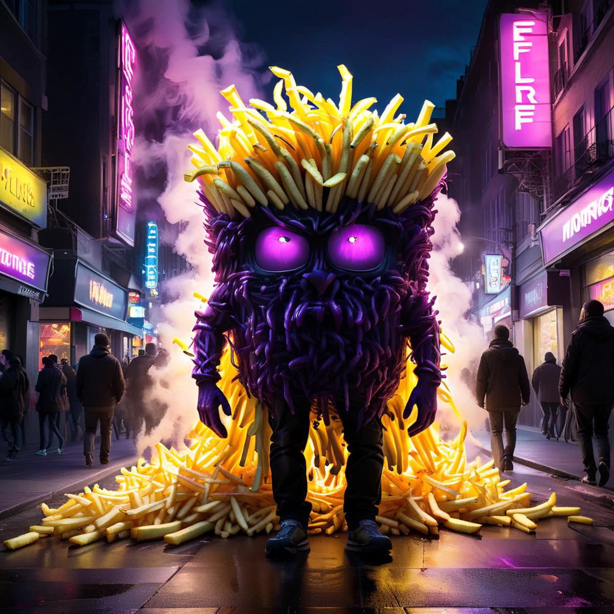 crazy fluorescing monster sized french fries monster walking down city streets gigantic, in neon colors, future art , subsurface scattering, ultra hd, 4k, high def, Photorealistic, Hyperrealistic, Hyper detailed, analog style, realistic, masterpiece, best quality, ultra realistic, 8k, Intricate, High Detail, film photography, soft lighting, heavy shadow, <lora:WildcardX-XL-Detail-Enhancer:1.5> <lora:xl_more_art_full_v1:0.8> <lora:LORA_XenoDetailer_v3:0.8> <lora:Engulfed_By_any_color:0.8> Engulfed BY black, Engulfed BY purple, Engulfed BY yellow, Engulfed BY color