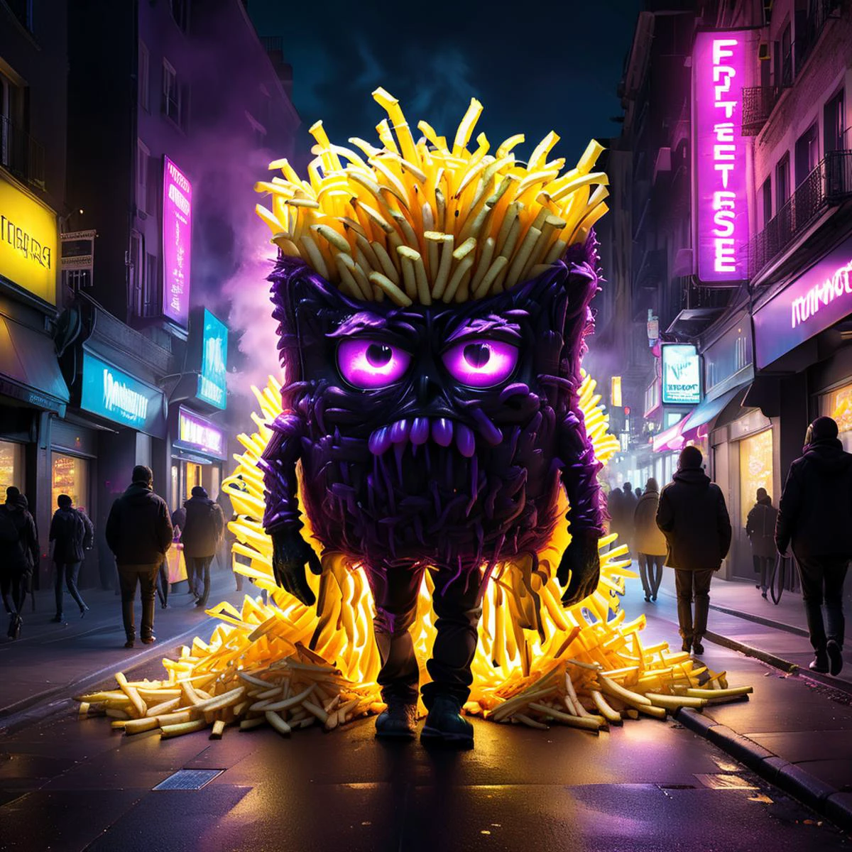 crazy fluorescing monster sized french fries monster walking down city streets gigantic, in neon colors, future art , subsurface scattering, ultra hd, 4k, high def, Photorealistic, Hyperrealistic, Hyper detailed, analog style, realistic, masterpiece, best quality, ultra realistic, 8k, Intricate, High Detail, film photography, soft lighting, heavy shadow, <lora:WildcardX-XL-Detail-Enhancer:1.5> <lora:xl_more_art_full_v1:0.8> <lora:LORA_XenoDetailer_v3:0.8> <lora:Engulfed_By_any_color:0.8> Engulfed BY black, Engulfed BY purple, Engulfed BY yellow, Engulfed BY color