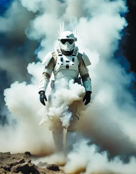 a futuristic combat medic wearing white battle armour emerging from smoke battlefield,colour photograph 35mm Engulfed <lora:EngulfedBy-Klilnter_01:0.8>,future city,science fiction <lora:Future_Citys_xl-000012:0.7>,by diegocr