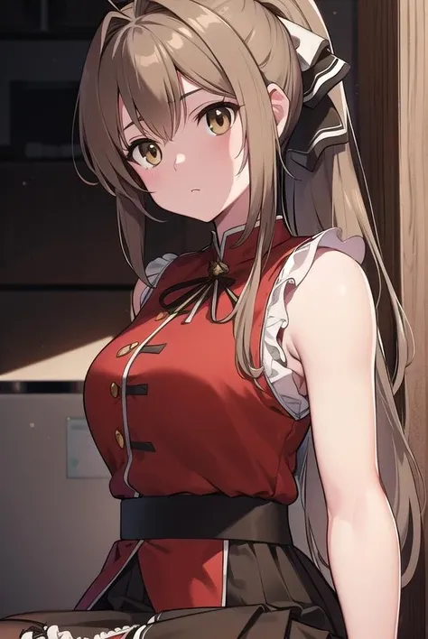isuzusento, <lora:isuzusentotest:1>,
isuzu sento, ahoge, (brown eyes:1.7), light brown hair, long hair, ponytail, hair ribbon, ribbon, (medium breast:1.2),
BREAK aiguillette, ankle boots, black ribbon, black skirt, boots, brown footwear, cross-laced footwear, frilled skirt, frills, jacket, lace-up boots, military, military uniform, pleated skirt, (red jacket:1.5), skirt, thighhighs, uniform, white thighhighs, white ribbon, buttons, (sleeveless:1.5),
BREAK looking at viewer,
BREAK indoors, classroom,
BREAK <lora:GoodHands-vanilla:1>, (masterpiece:1.2), best quality, high resolution, unity 8k wallpaper, (illustration:0.8), (beautiful detailed eyes:1.6), extremely detailed face, perfect lighting, extremely detailed CG, (perfect hands, perfect anatomy),
