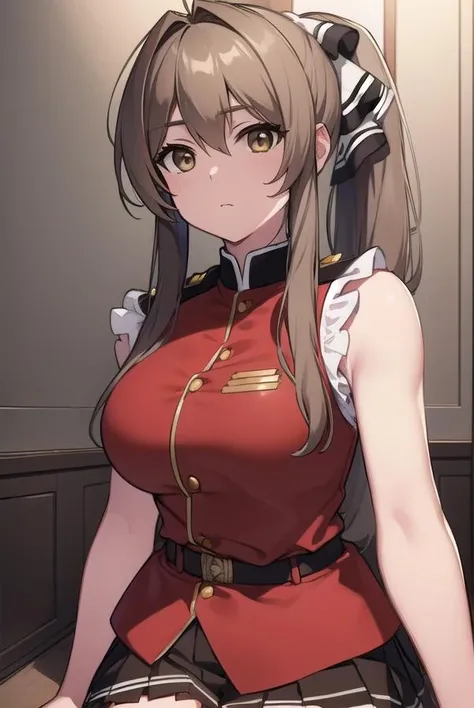 isuzusento, <lora:isuzusentotest:1>,
isuzu sento, ahoge, (brown eyes:1.7), light brown hair, long hair, ponytail, hair ribbon, ribbon, (medium breast:1.2),
BREAK aiguillette, ankle boots, black ribbon, black skirt, boots, brown footwear, cross-laced footwear, frilled skirt, frills, jacket, lace-up boots, military, military uniform, pleated skirt, (red jacket:1.5), skirt, thighhighs, uniform, white thighhighs, white ribbon, buttons, (sleeveless:1.5),
BREAK looking at viewer,
BREAK indoors, classroom,
BREAK <lora:GoodHands-vanilla:1>, (masterpiece:1.2), best quality, high resolution, unity 8k wallpaper, (illustration:0.8), (beautiful detailed eyes:1.6), extremely detailed face, perfect lighting, extremely detailed CG, (perfect hands, perfect anatomy),